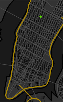 A map of Manhattan highlighting 50th Street in Midtown