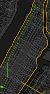 A map of Manhattan than shows the route from 158th Street in Hamilton Heights to Pennsymvania Station by Broadway Avenue.