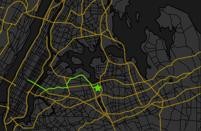 A map of Greater New York City highlighting the driving route from Midtown, Manhattan to Flushing Meadows Corona Park.