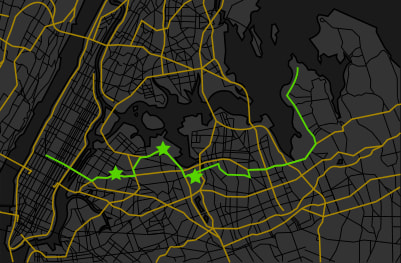 A map of Greater New York City that highlights the driving route from King's Points, Long Island to Midtown, Manhattan.