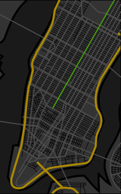 A map of Manhattan, New York with Fifth Avenue highlighted.