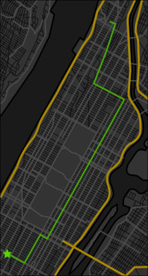 A map of Manhattan that shows the driving route from Pennsylvania Station to 158th Street in Hamilton Heights.