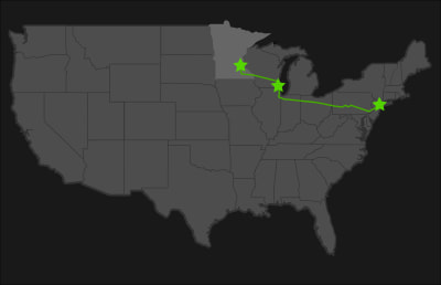 A map of the USA highlighting the train route from New York City to Chicago, and then Saint Paul Minnesota.