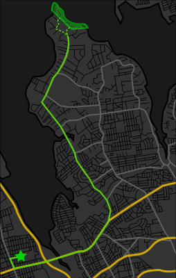 A map of Long Island highlighting the driving route from King's Point to Lawrence Cemetery.